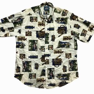 Woolrich Shirt Mens Large Ivory Short Sleeve  All Over Print Button Up